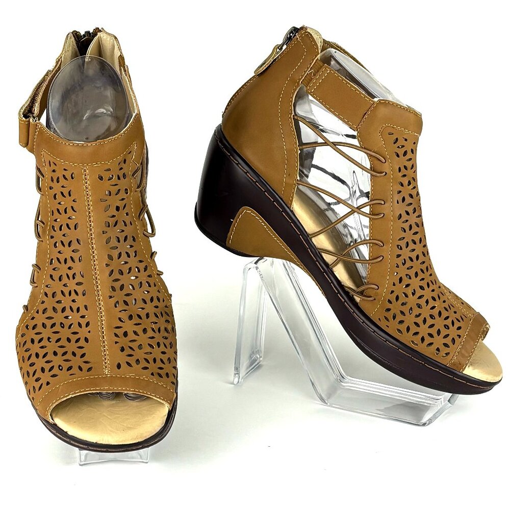 Stylish JBU Tan Lace-Up Sandals with Wedge Heel. 7.5